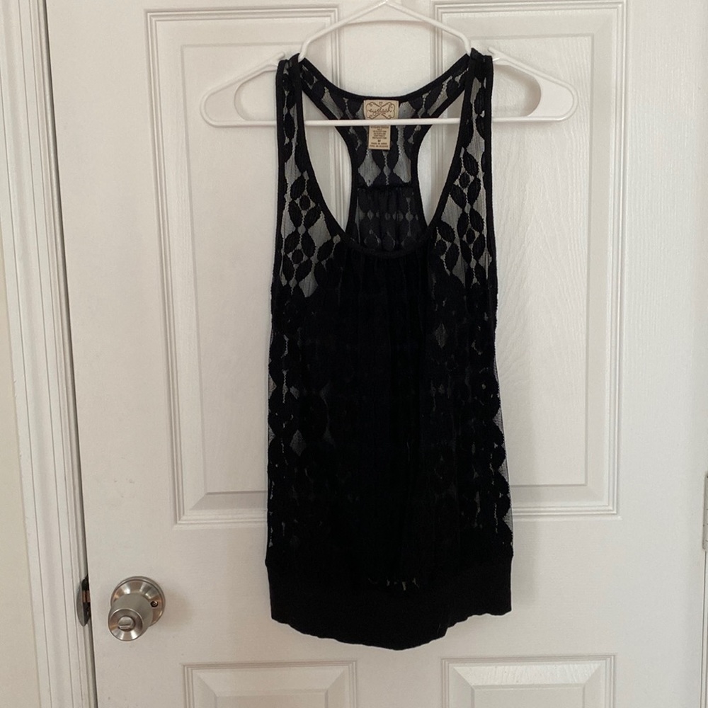 Black sheer racer back. Eyelash couture. Medium.